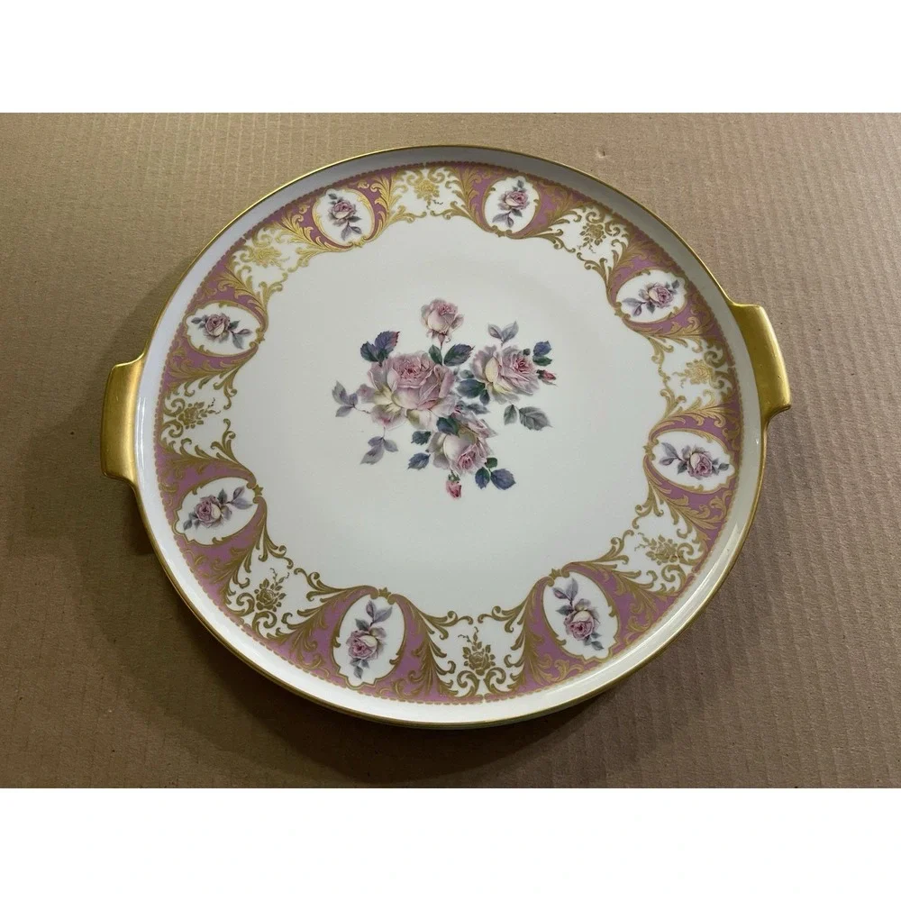 Kaiser Porcelain W. Germany 13.75″‎ Handled Charger/Tray – Pink Roses, Gold Trim